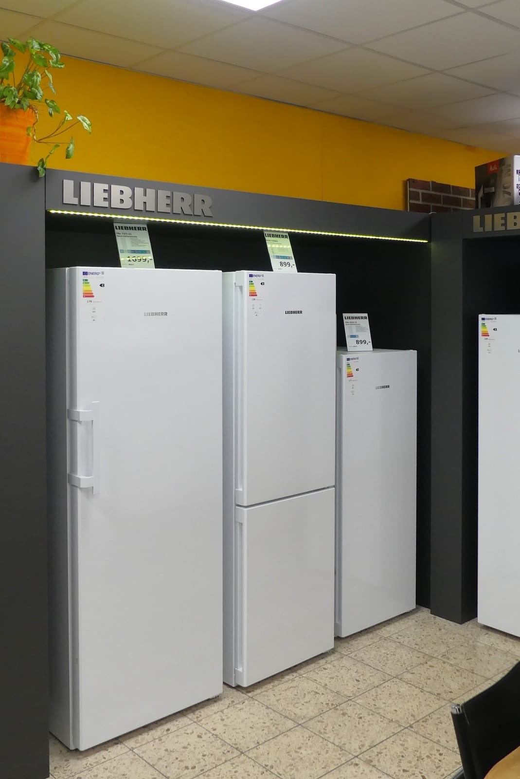 Mehrere weiße Liebherr-Kühlschränke in der Ausstellung